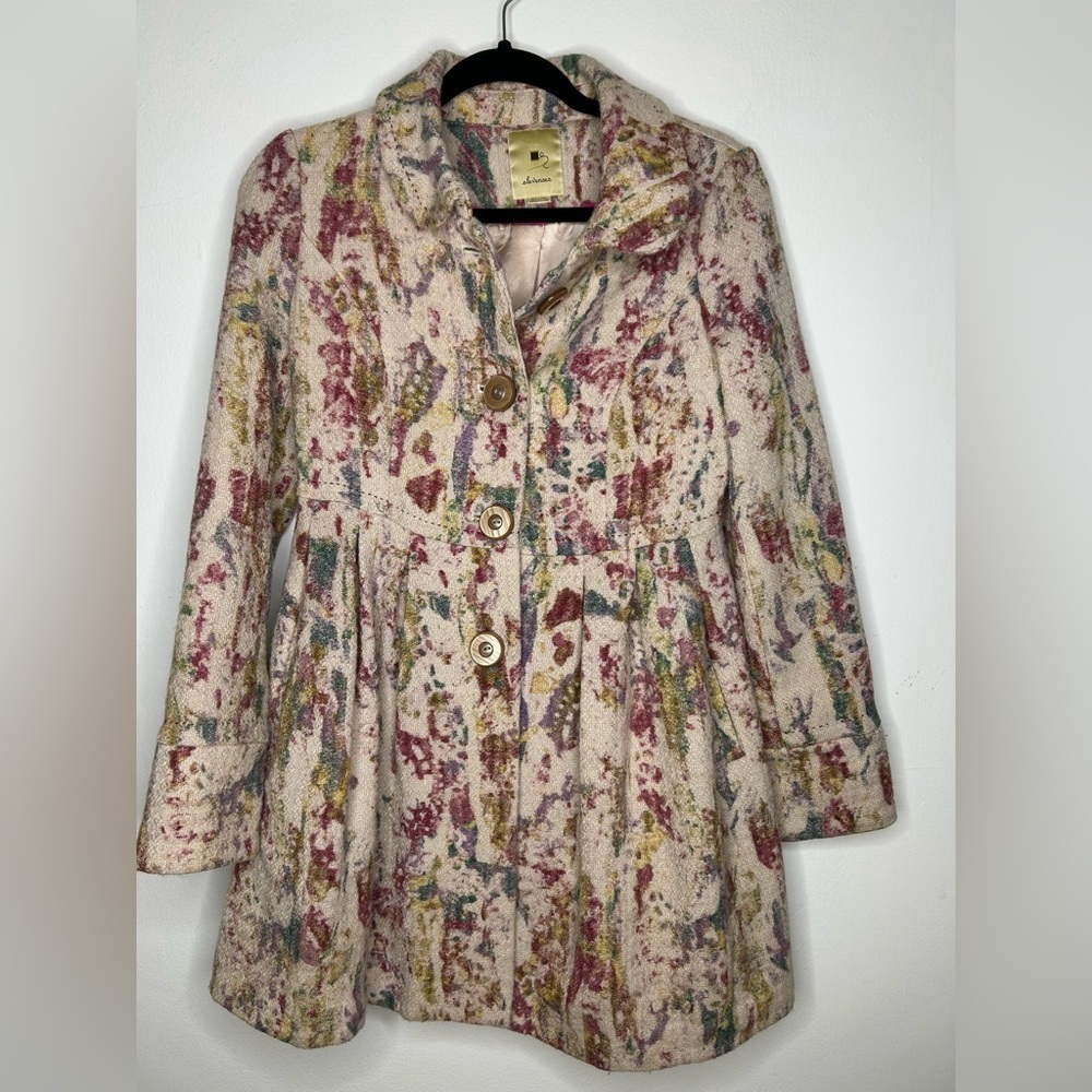 Anthropologie Elevenses Blurred Watercolor colorful  Fresco Wool Peacoat size 2